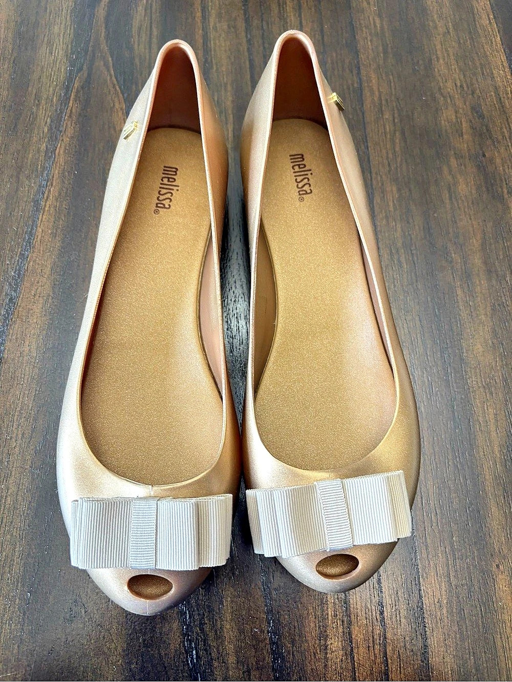 Melissa Gold Jelly Peep Toe Bow Ballet Flats Women’s Size 8